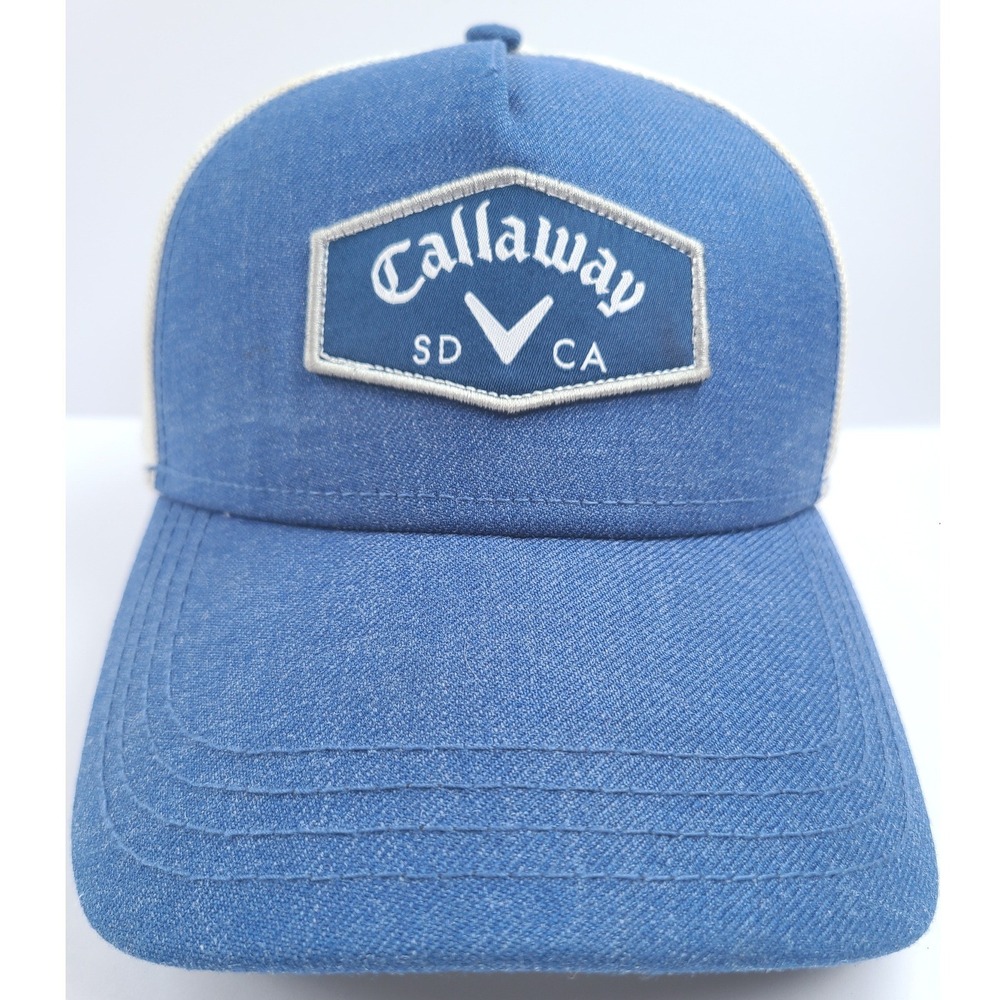 Callaway Golf Trucker Hat Mens Blue Cream San Diego CA Logo Snapback Mesh Cap